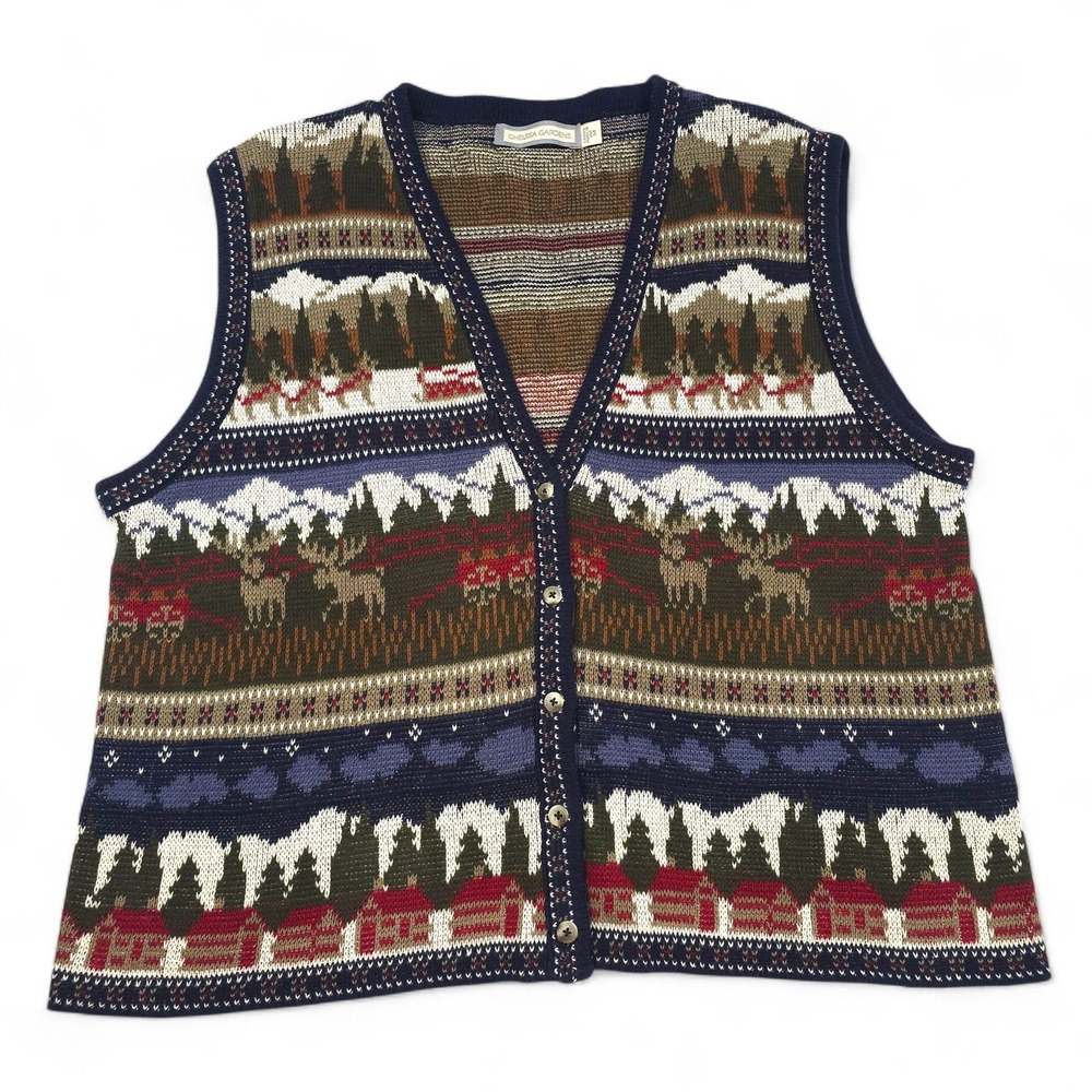 Vtg 90s Chelsea Gardens Scenic Landscape Sweater Vest Cotton Made in USA Med